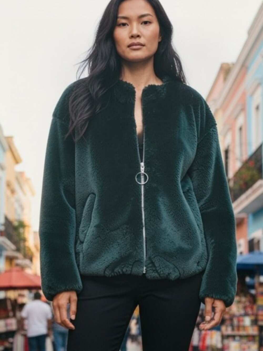Retro Faux Fur Coat Zip Deep Green Sebby (L)